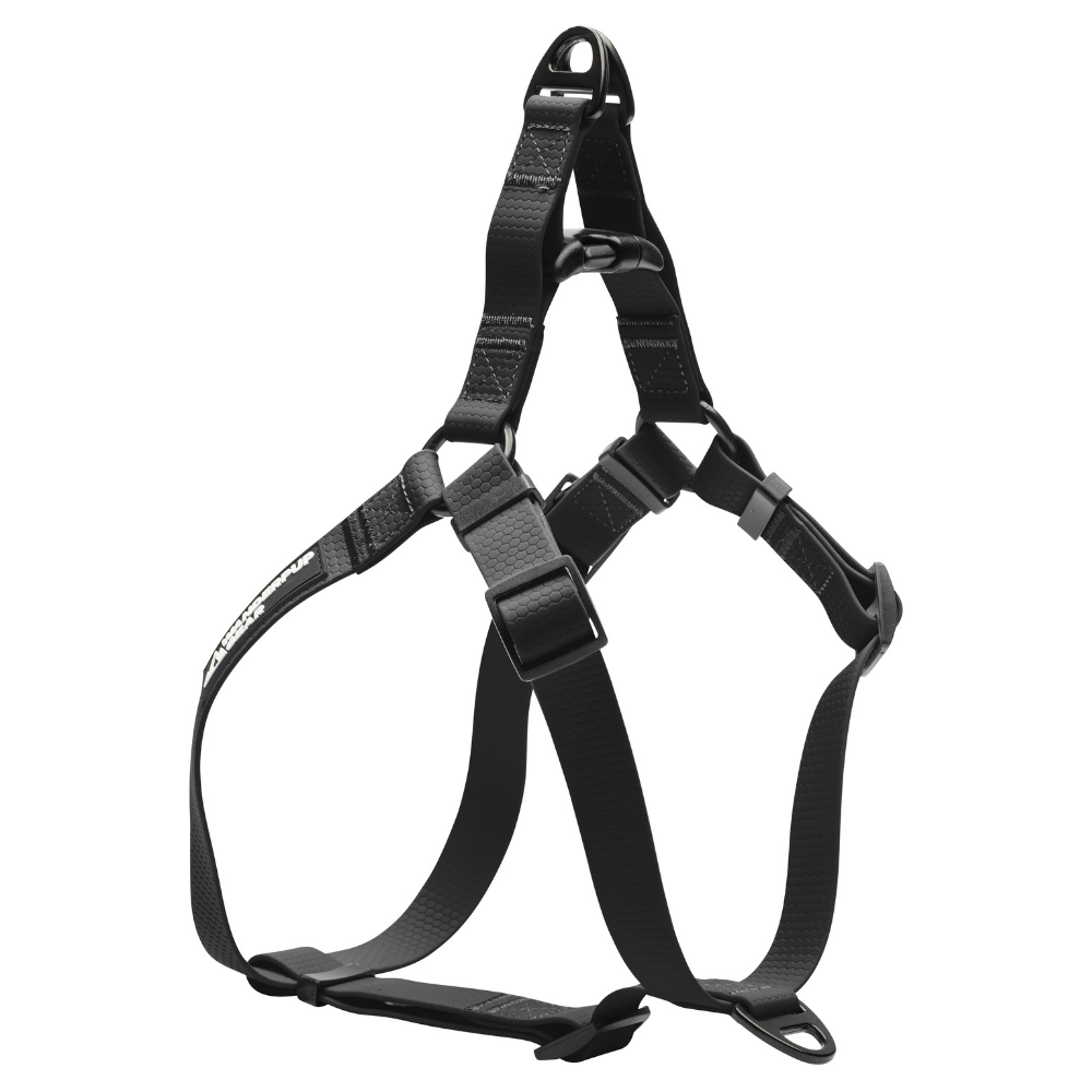 Side view of black waterproof dog harness with durable coated webbing