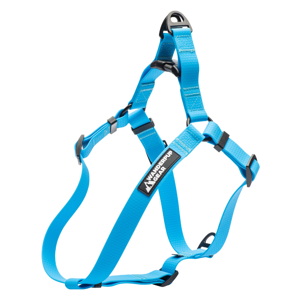 Alternate side view of blue waterproof dog harness with adjustable straps