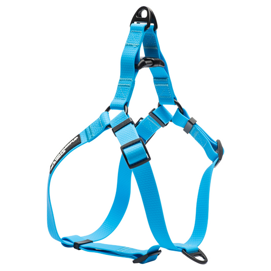 Side view of blue waterproof dog harness with durable coated webbing