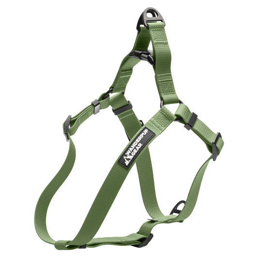 Alternate side view of green waterproof dog harness with adjustable straps