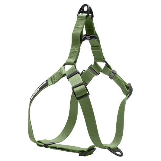 Side view of green waterproof dog harness with durable coated webbing