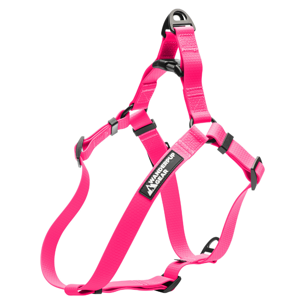 Alternate side view of pink waterproof dog harness with adjustable straps