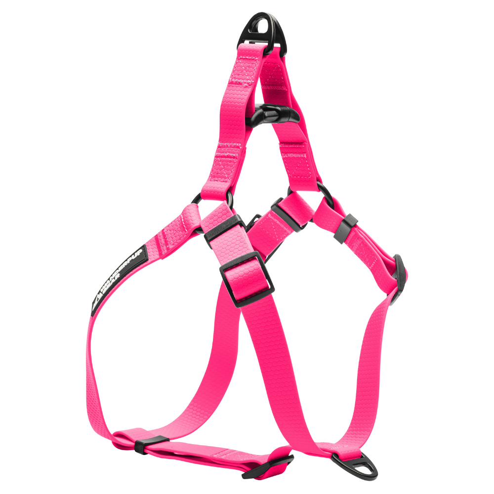 Side view of pink waterproof dog harness with durable coated webbing