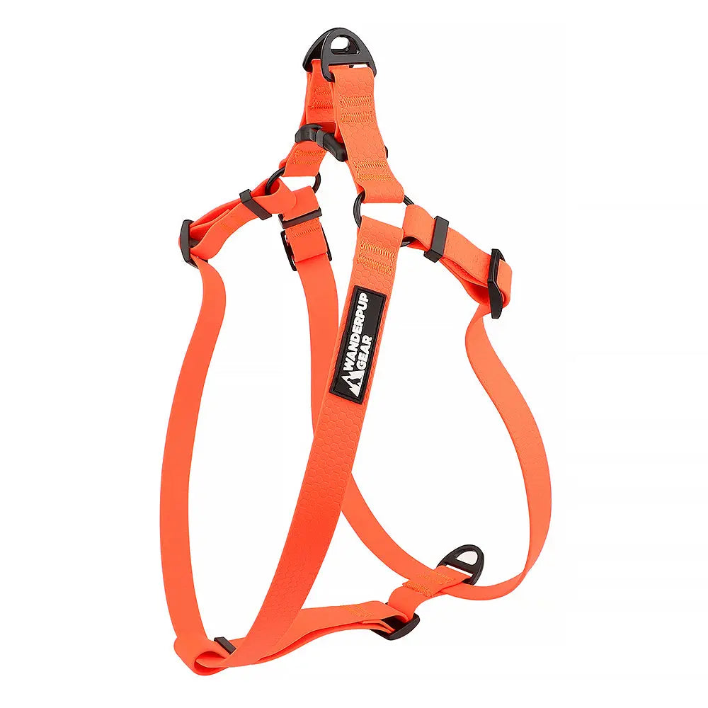 Alternate side view of high-visibility orange waterproof dog harness