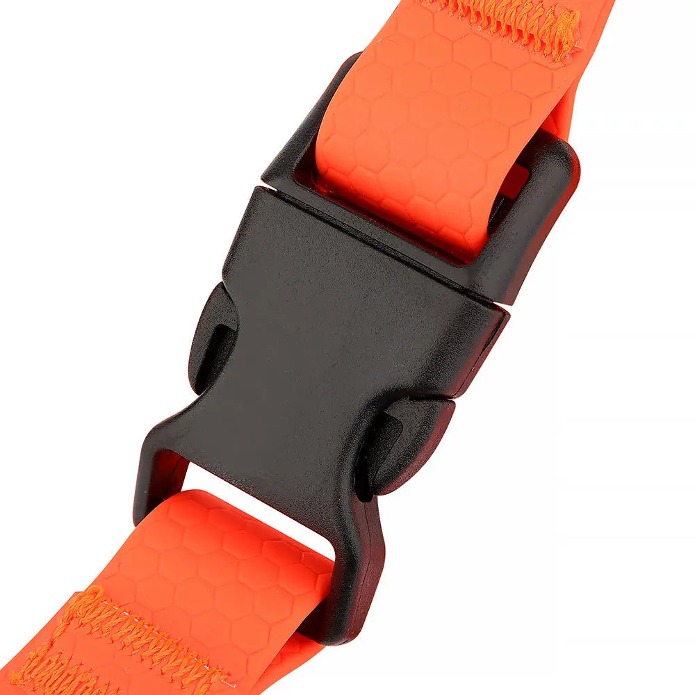 Secure side-release buckles on high-visibility orange waterproof dog harness for safety and comfort