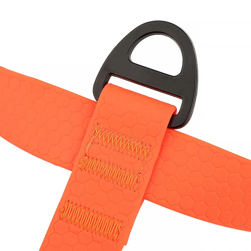 Front no-pull D-ring on high-visibility orange waterproof dog harness for training support