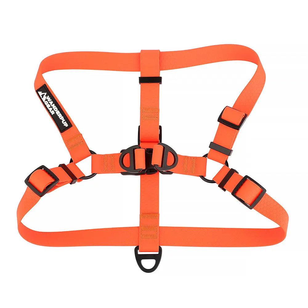 Top view of high-visibility orange stink-proof waterproof dog harness for adventure dogs